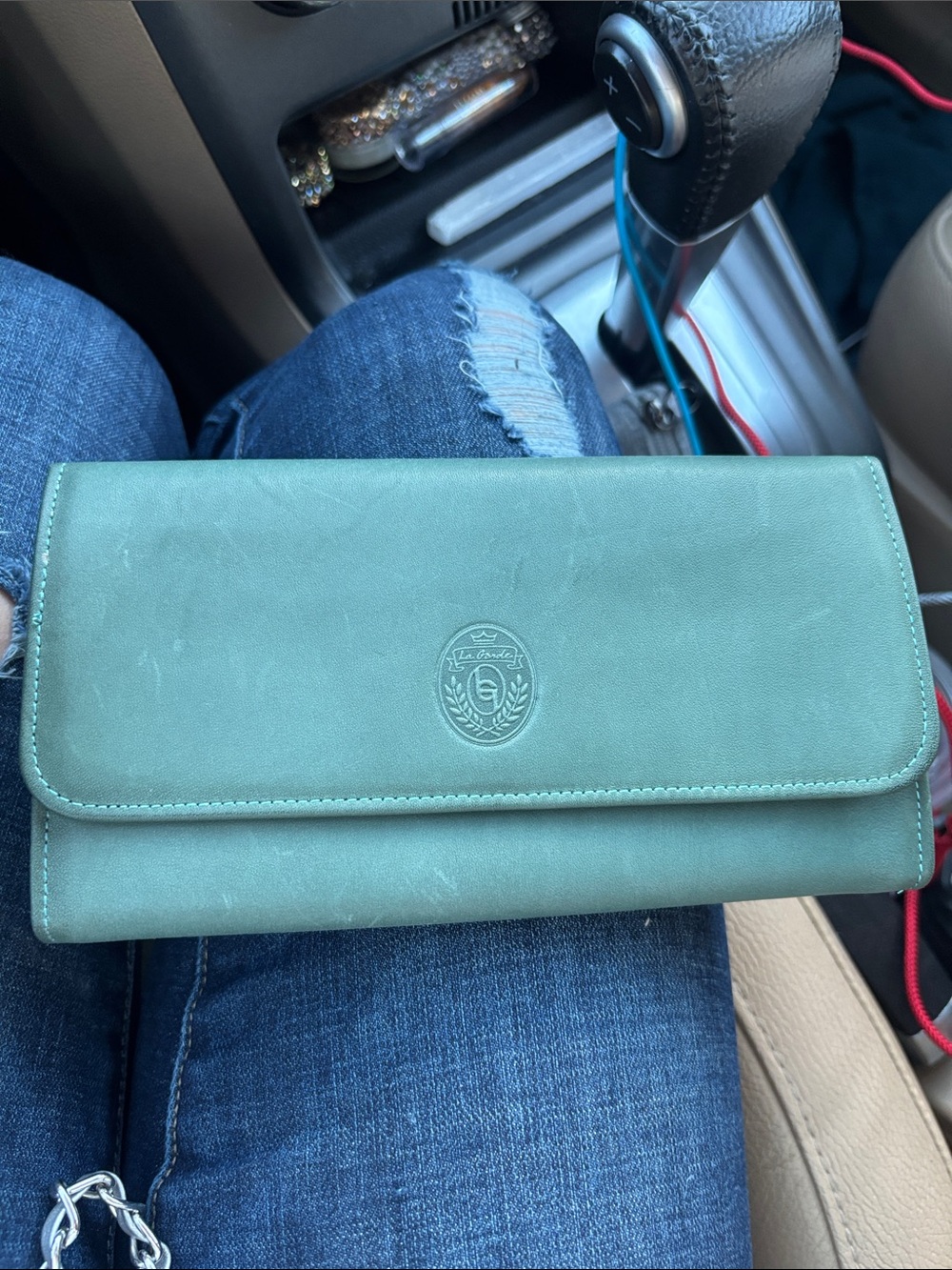 Green Foldover Leather Wallet with Embossed Crest - Unbranded